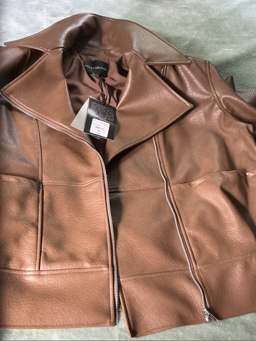 Ashley Graham Brown Faux Leather Moto Jacket with Asymmetrical Zip